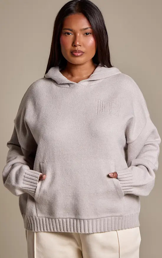 PrettyLittleThing Plus PLT Knitted Hoodie - Grey