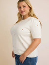 Gilli Plus Size Orange Floral Embroidered Short Sleeve Knit Top - Cream