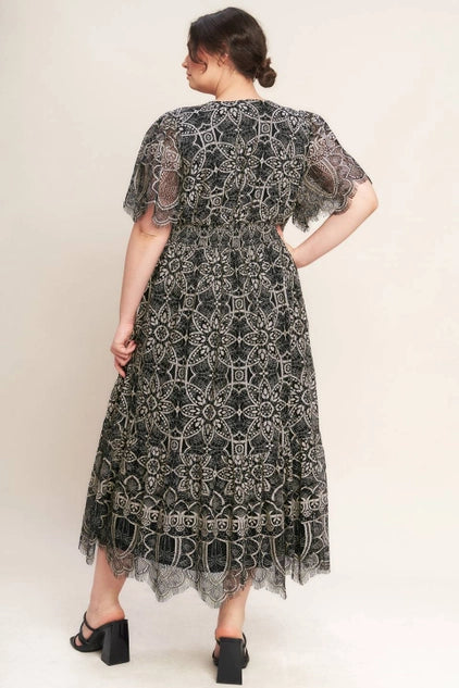 Flying Tomato Plus Size V neckline Woven Lace Midi Dress - Black