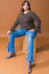 FLYING TOMATO Plus Size Stripe Ruffle Sleeve Top - Black