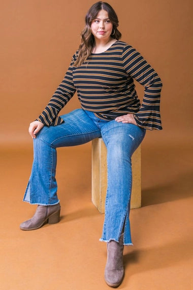 FLYING TOMATO Plus Size Stripe Ruffle Sleeve Top - Black