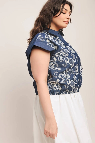 FLYING TOMATO Plus Size Embroidered Woven Top - Dark Indigo