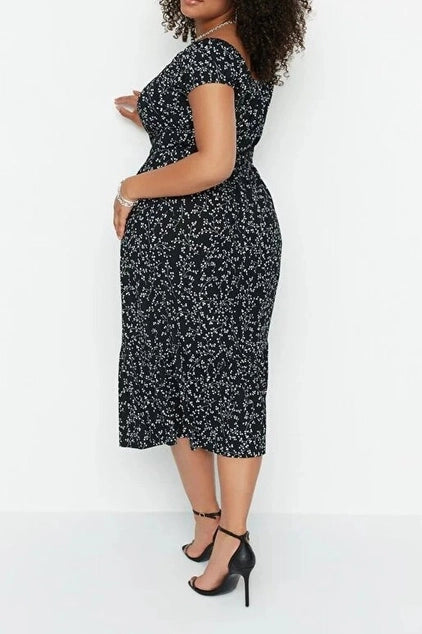WOJCOR Plus Size Floral Pattern A-Line Maxi KnittedDress - Black