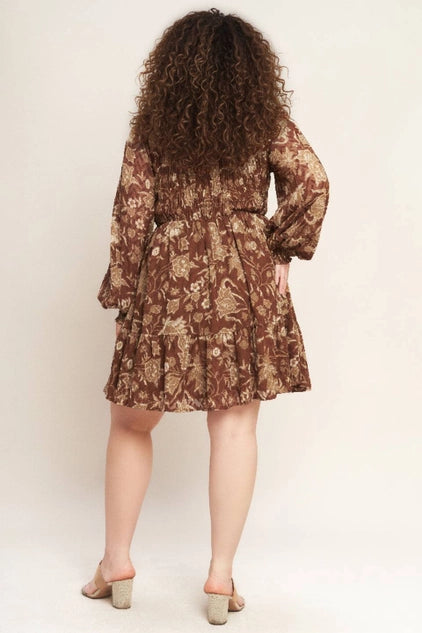 Flying Tomato Printed Smocked Bodice Woven Mini Dress - Brown