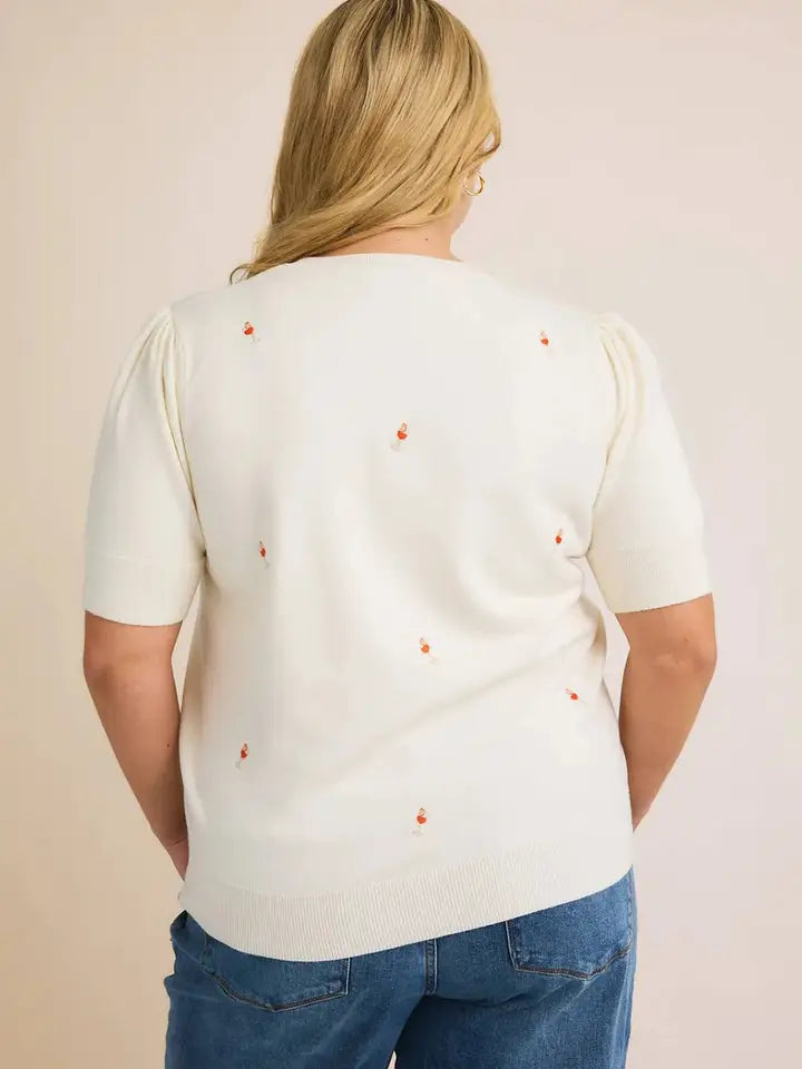 Gilli Plus Size Orange Floral Embroidered Short Sleeve Knit Top - Cream