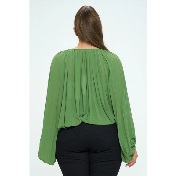 DORCAS Plus Sunburst Pleated Blouse - Green