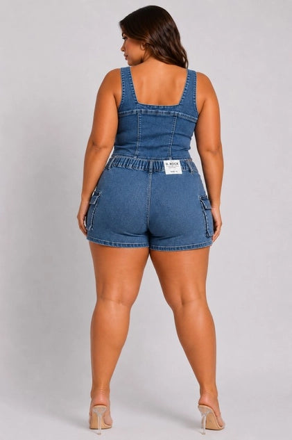 D.ROCK Plus Size Set Cargo Mini Short Pants Crop Tops - Denim