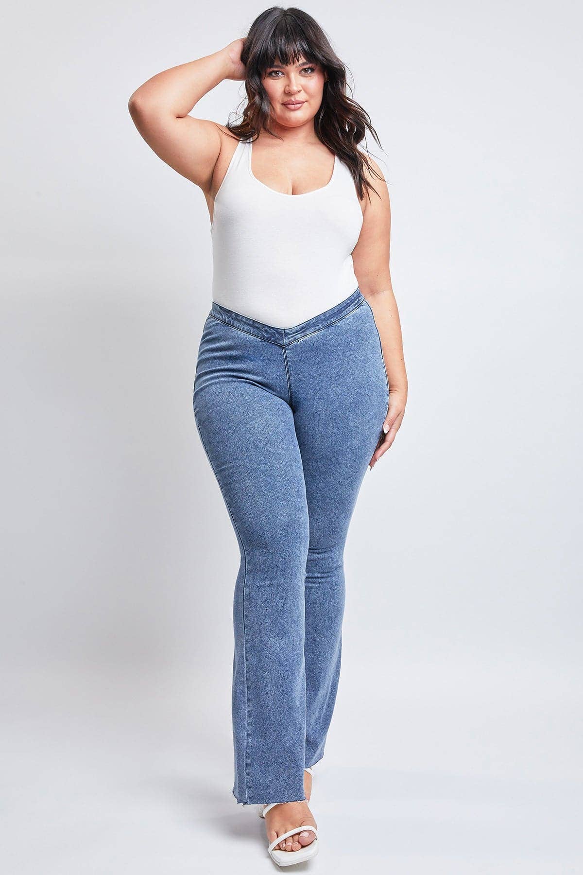 YMI Plus Low-Rise V-Front Pull On Flare Jeans - Denim