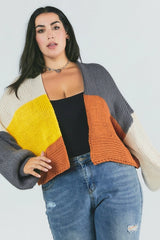 Davi & Dani Plus - Color Block Chunky Knit Balloon Sleeve Cardigan - Grey Combo
