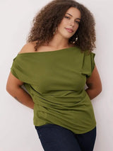 WOJCOR Plus Size Draped Detail Asymmetrical Collar Knitted Blouse