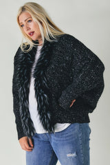 Davi & Dani Plus - Marled Knit Cardigan with Faux Fur Trim Collar - Black