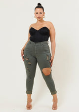 Vibrant M.i.U Plus Freebird Destroyed Skinny Jeans - Olive