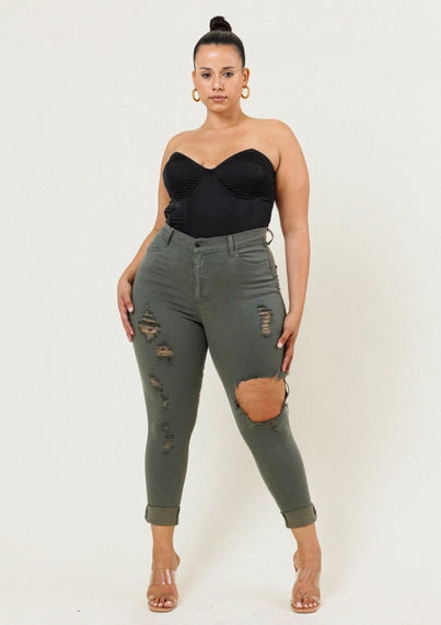 Vibrant M.i.U Plus Freebird Destroyed Skinny Jeans - Olive