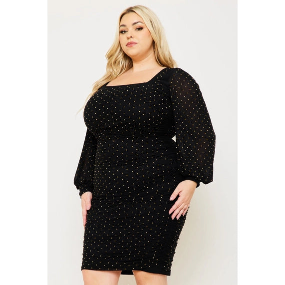 DORCAS Rhinestone Square Neck Plus Size Midi Dress