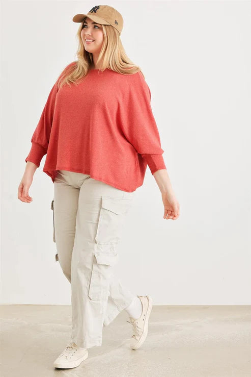 Gilli Plus Size Waffle Knit Batwing Sleeve Top - Berry