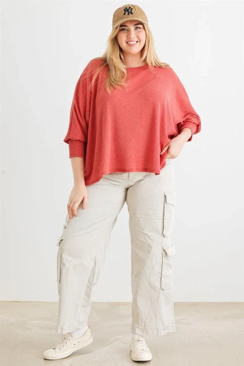 Gilli Plus Size Waffle Knit Batwing Sleeve Top - Berry