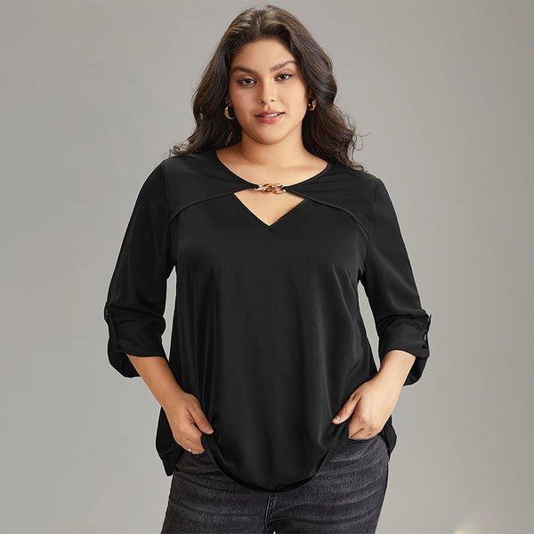 Plus Size Bottoming V Neck Flared Top - Black