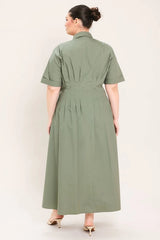 Flying Tomato Plus Size Collar Solid Woven Midi Dress - Olive