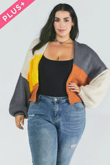 Davi & Dani Plus - Color Block Chunky Knit Balloon Sleeve Cardigan - Grey Combo