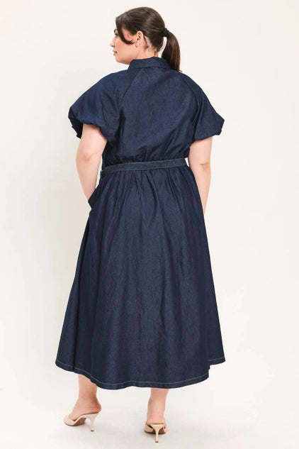 Flying Tomato Plus Size Bubble Sleeve Denim Midi Dress - DARK DENIM