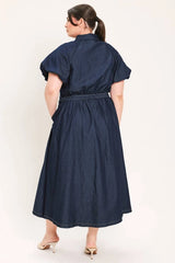 Flying Tomato Plus Size Bubble Sleeve Denim Midi Dress - DARK DENIM