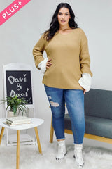 Davi & Dani Plus - Contrast Cuff Ribbed Knit Scoop Neck Sweater