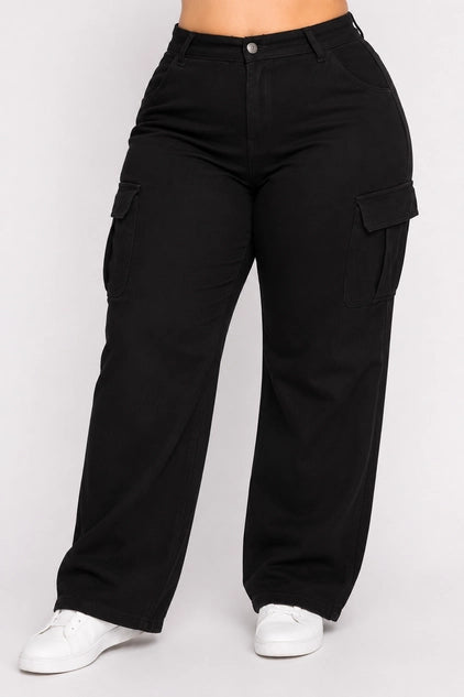 D.ROCK Plus Size Denim Pants Pockets Baggy Cargo Jeans - Black Dark Wash