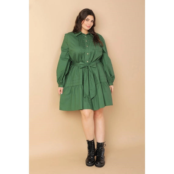 DORCAS Plus Size Solid Button Down Mini Dress - Green