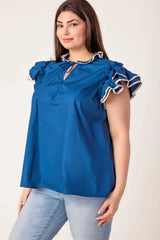 FLYING TOMATO Plus Size Front Tie Solid Woven Top - Navy Ivory
