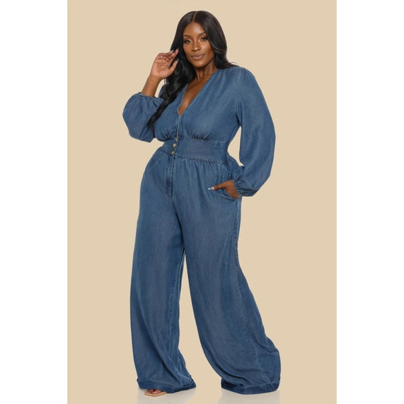 DORCAS Plus Lsv Washed Dark Denim Jumpsuit