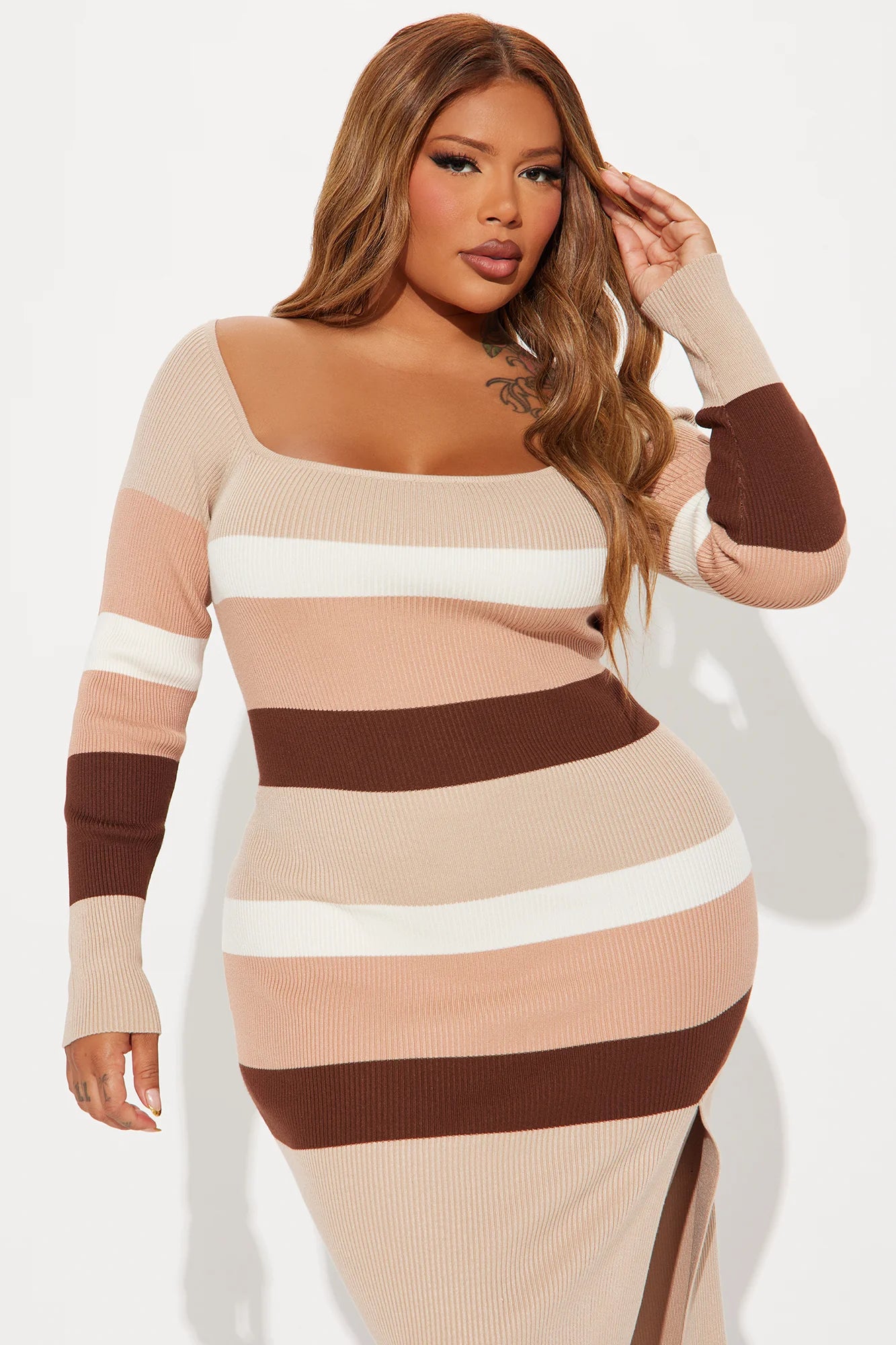 Fashion Nova Plus Size Willow Wind Striped Midi Dress - Taupe/Combo