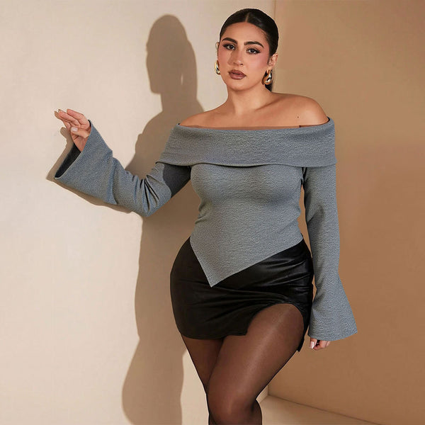 Plus Size Off Shoulder Long Sleeves Top - Dark Grey