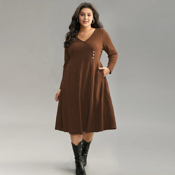 Plus Size Regular V-Neck Pocket Long Sleeve A Line Dress - Brown