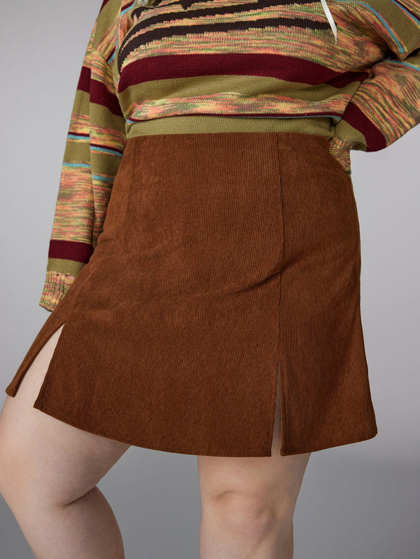 Plus Size High Rise Corduroy Split Skort - Brown