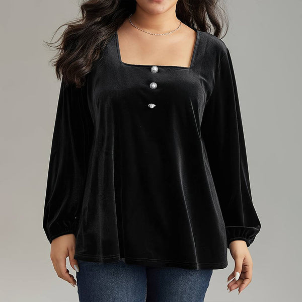 Plus Size Velvet Square Collar Lantern Sleeve Loose Top - Black