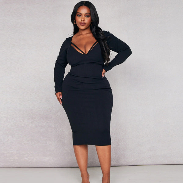 Plus Size Cut out V Neck Bodycon Dress - Black