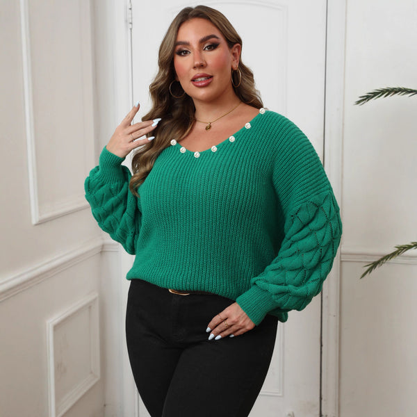 Plus Size Deep V Plunge Beaded Pearl Loose Sweater