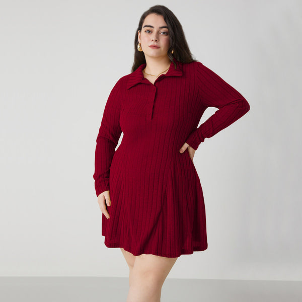 Plus Size Collared A line Dress - Burgundy