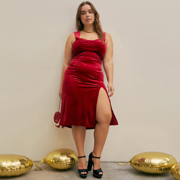 Plus Size Velvet Halter Split Midi Dress - Burgundy