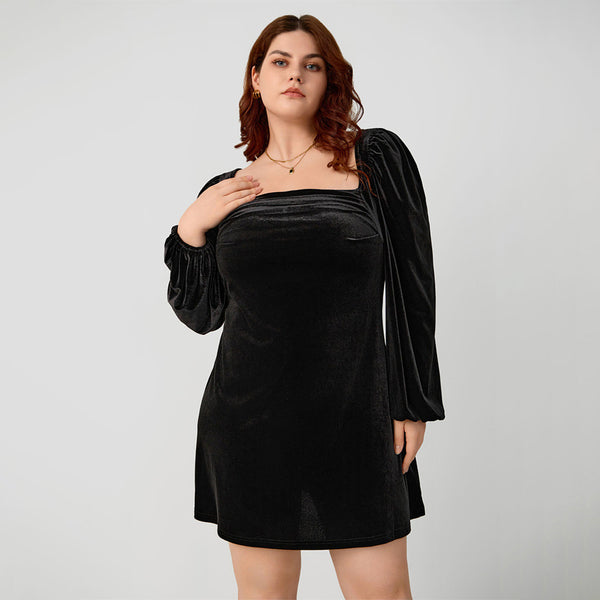 Plus Size Velvet Square Neck Midi Dress - Black