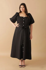 Flying Tomato Plus Size Square Neckline Textured Woven Midi Dress - Black