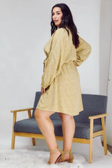 Davi & Dani Plus - Ditsy Print Button Front Drawstring Waist Shirt Dress - Taupe