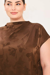Flying Tomato Plus Size Funnel Neckline Woven Jacquard Top - Brown