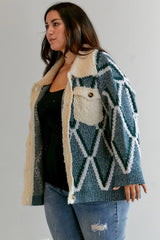 Plus - Diamond Pattern Boucle Collared Button Front Cardigan - Teal