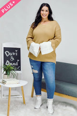 Davi & Dani Plus - Contrast Cuff Ribbed Knit Scoop Neck Sweater