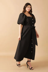 Flying Tomato Plus Size Square Neckline Textured Woven Midi Dress - Black