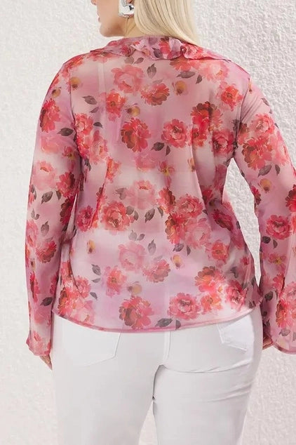 Floral Patterned Tie-Up Tulle Knit Plus Size Blouse - Multi