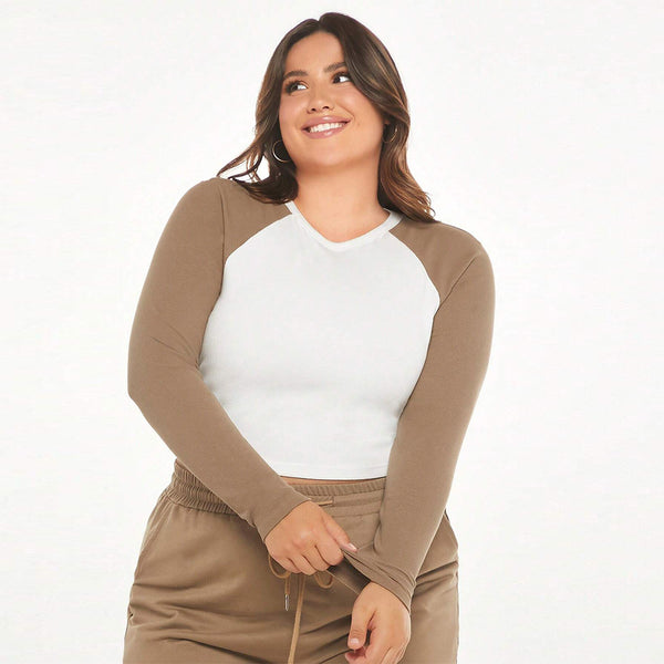 Plus Size Color Contrast Slim Fit Long Sleeve T Shirt Top