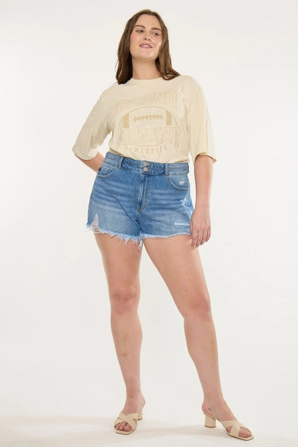 Kan Can USA Plus High Rise Double Band Mom SHORTS - Medium Wash