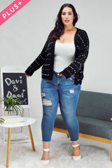 Davi & Dani Plus - Pearl Embellished Open Front Sweater Cardigan - Black